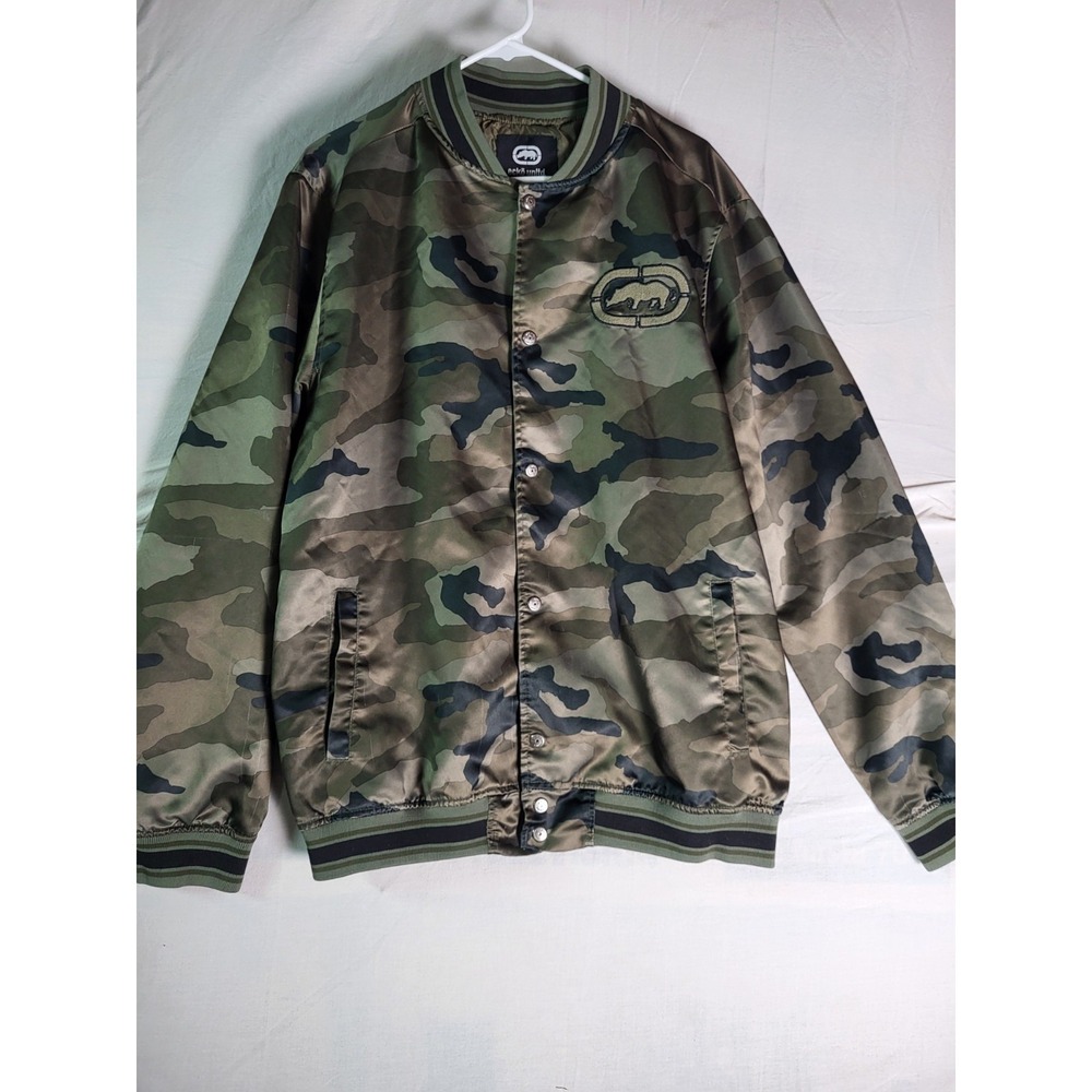 Ecko Unltd Camo Bomber Jacket Mens Large Vintage Y2K Satin Varsity Rhinoceros